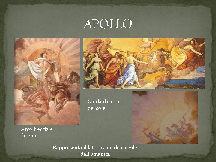 APOLLO Guida il carro del sole Arco freccia e faretra Rappresenta il lato razionale