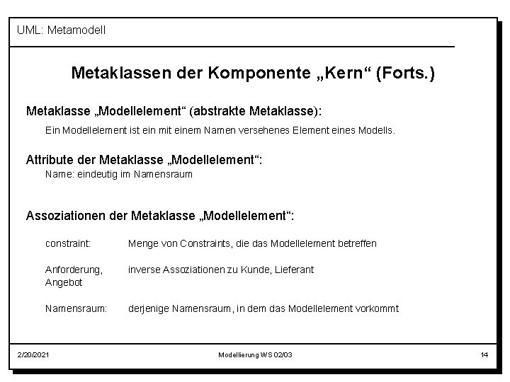 UML: Metamodell Metaklassen der Komponente „Kern“ (Forts. ) Metaklasse „Modellelement“ (abstrakte Metaklasse): Ein Modellelement