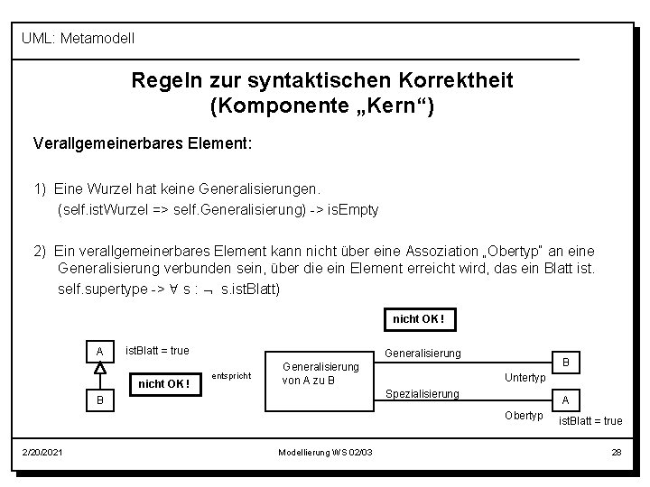 UML: Metamodell Regeln zur syntaktischen Korrektheit (Komponente „Kern“) Verallgemeinerbares Element: 1) Eine Wurzel hat