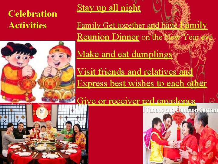 Celebration Activities Stay up all night Family Get together and have Family Reunion Dinner