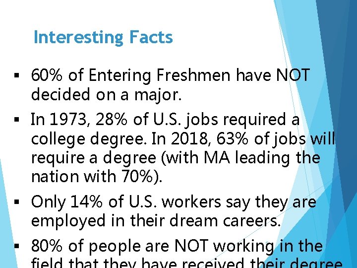 Interesting Facts § 60% of Entering Freshmen have NOT decided on a major. §