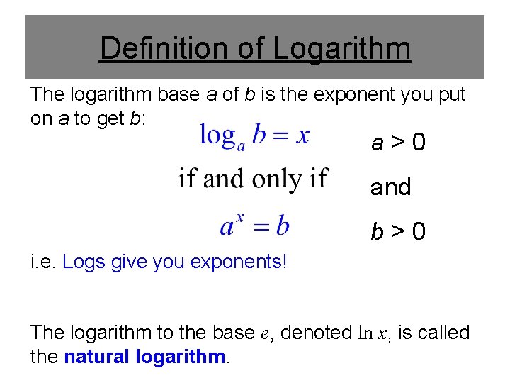 Definition of Logarithm The logarithm base a of b is the exponent you put
