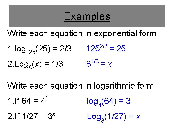 Examples Write each equation in exponential form 1. log 125(25) = 2/3 1252/3 =