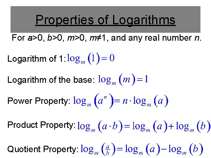 Properties of Logarithms For a>0, b>0, m≠ 1, and any real number n. Logarithm