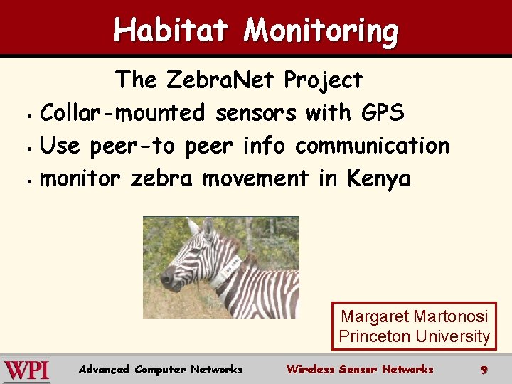 Habitat Monitoring The Zebra. Net Project § Collar-mounted sensors with GPS § Use peer-to