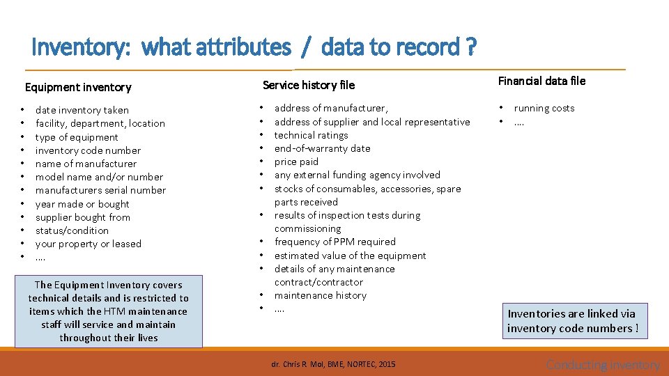 Inventory: what attributes / data to record ? Service history file Equipment inventory •