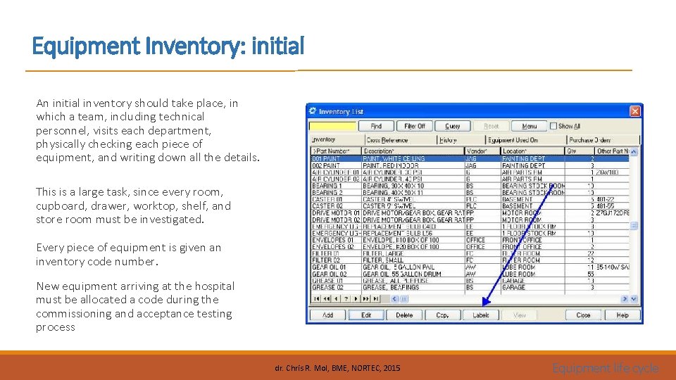 Equipment Inventory: initial An initial inventory should take place, in which a team, including