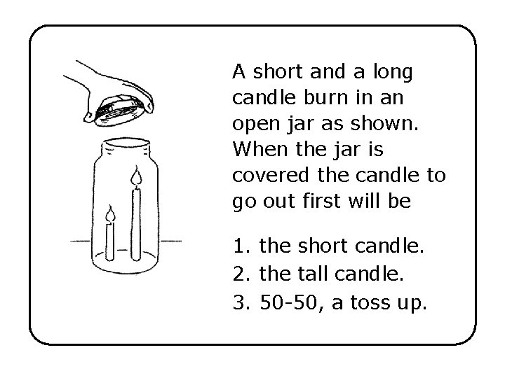 A short and a long candle burn in an open jar as shown. When