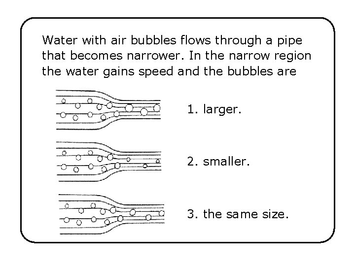 Water with air bubbles flows through a pipe that becomes narrower. In the narrow