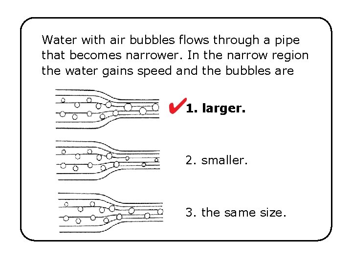 Water with air bubbles flows through a pipe that becomes narrower. In the narrow