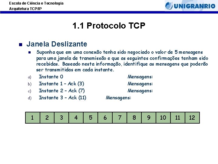 Escola de Ciência e Tecnologia Arquitetura TCP/IP 1. 1 Protocolo TCP Janela Deslizante a)