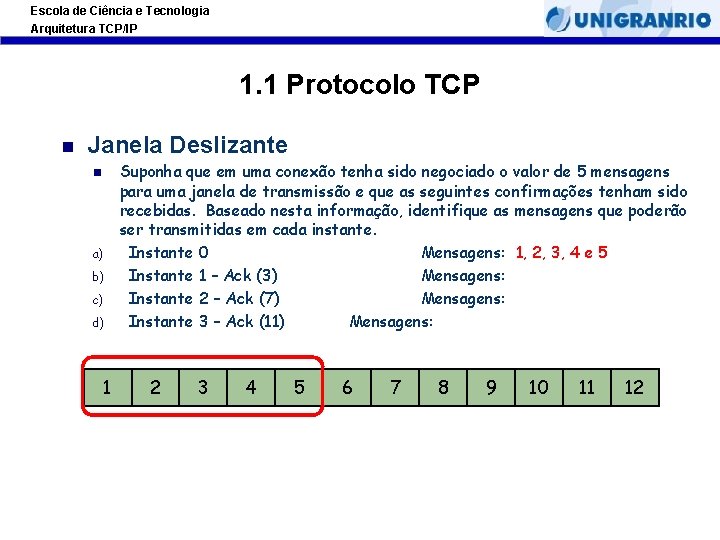 Escola de Ciência e Tecnologia Arquitetura TCP/IP 1. 1 Protocolo TCP Janela Deslizante a)