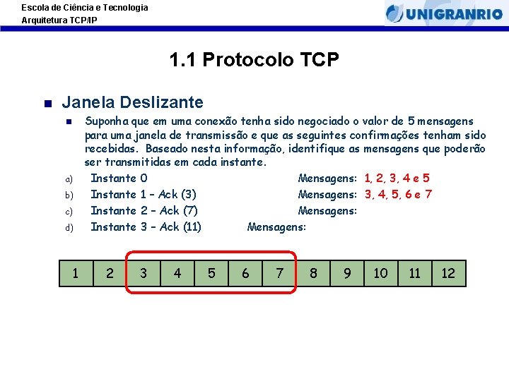 Escola de Ciência e Tecnologia Arquitetura TCP/IP 1. 1 Protocolo TCP Janela Deslizante a)