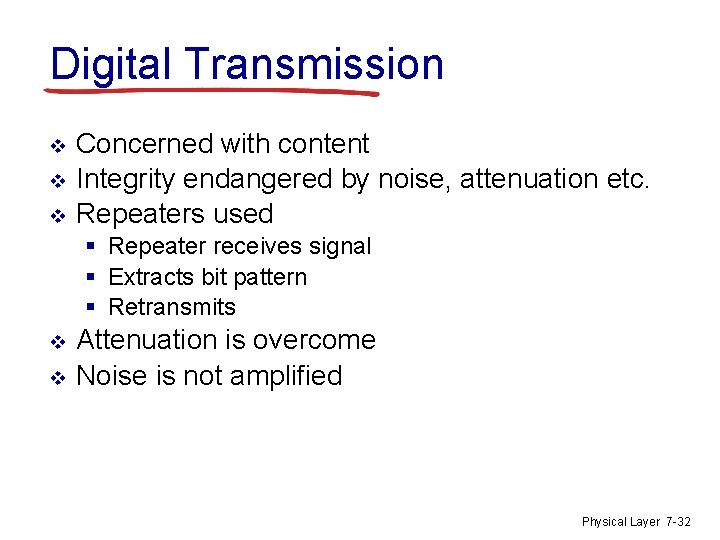 Digital Transmission v v v Concerned with content Integrity endangered by noise, attenuation etc.