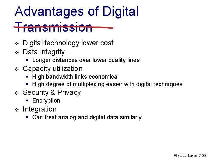 Advantages of Digital Transmission v v Digital technology lower cost Data integrity § Longer