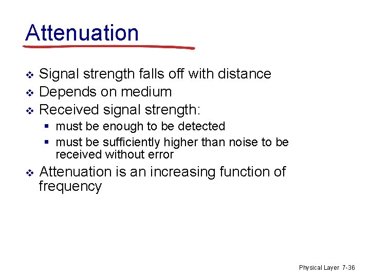 Attenuation v v v Signal strength falls off with distance Depends on medium Received