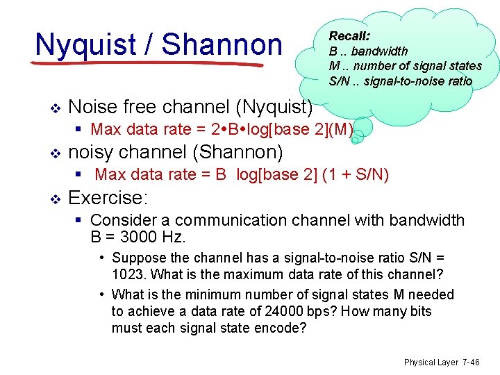 Nyquist / Shannon v Recall: B. . bandwidth M. . number of signal states