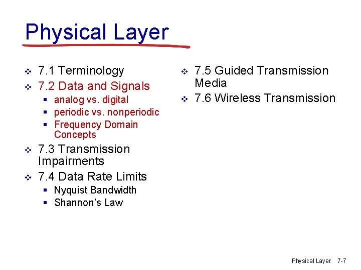Physical Layer v v 7. 1 Terminology 7. 2 Data and Signals § analog