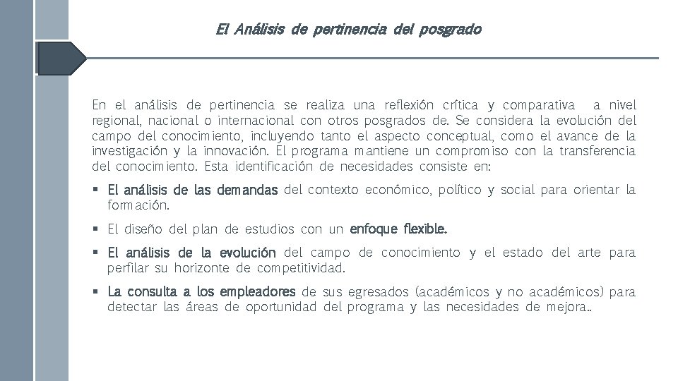 El Análisis de pertinencia del posgrado En el análisis de pertinencia se realiza una