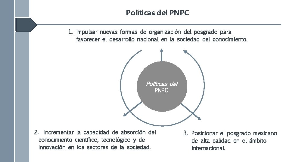 Políticas del PNPC 1. Impulsar nuevas formas de organización del posgrado para favorecer el