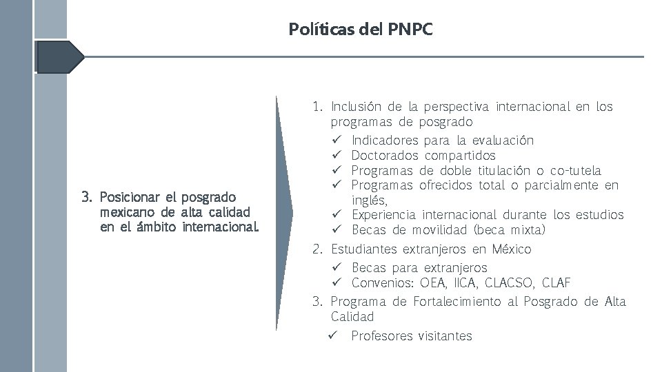 Políticas del PNPC 3. Posicionar el posgrado mexicano de alta calidad en el ámbito