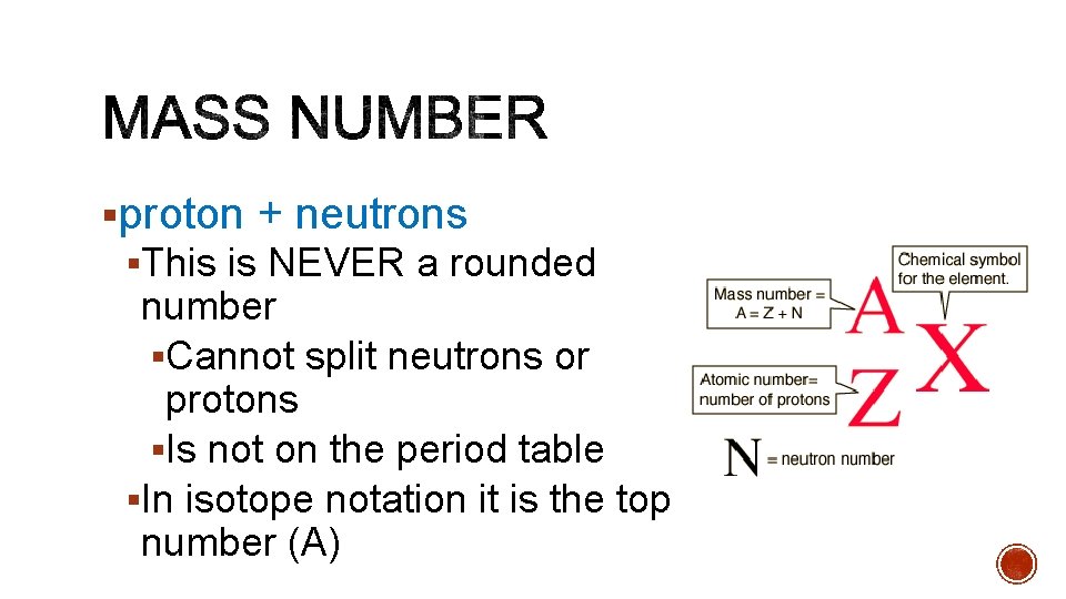 §proton + neutrons §This is NEVER a rounded number §Cannot split neutrons or protons