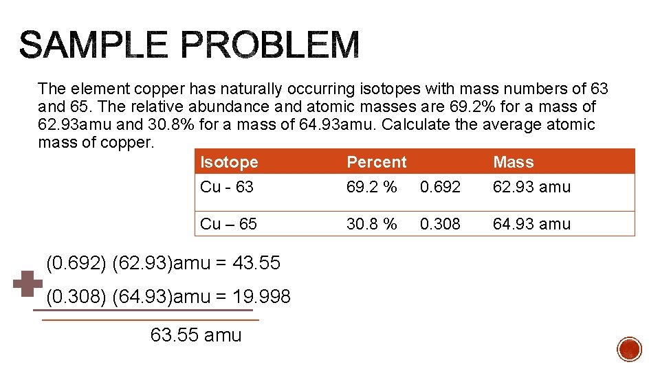The element copper has naturally occurring isotopes with mass numbers of 63 and 65.