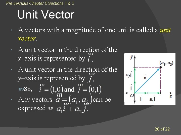 Pre-calculus Chapter 8 Sections 1 & 2 Unit Vector A vectors with a magnitude Pre-calculus Chapter 8 Sections 1 & 2 Unit Vector A vectors with a magnitude
