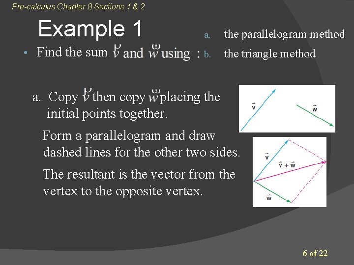 Pre-calculus Chapter 8 Sections 1 & 2 • Example 1 a. the parallelogram method Pre-calculus Chapter 8 Sections 1 & 2 • Example 1 a. the parallelogram method