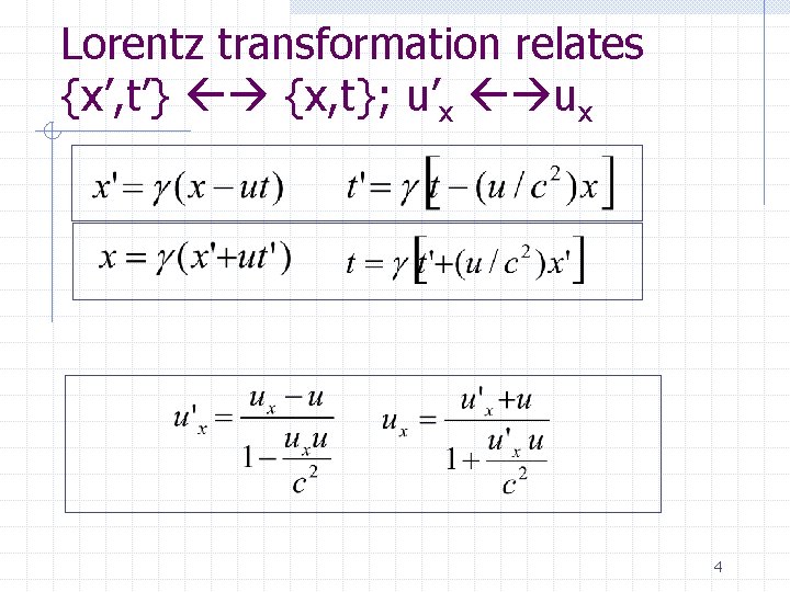 Lorentz transformation relates {x’, t’} {x, t}; u’x ux 4 