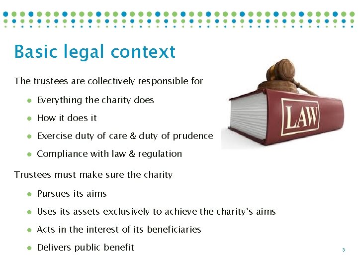 Basic legal context The trustees are collectively responsible for Everything the charity does How