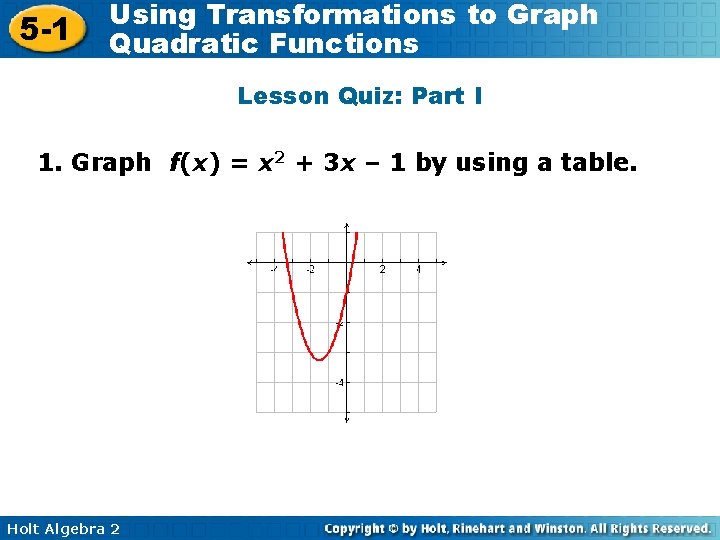 5 -1 Using Transformations to Graph Quadratic Functions Lesson Quiz: Part I 1. Graph