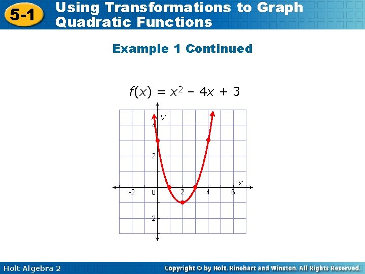 5 -1 Using Transformations to Graph Quadratic Functions Example 1 Continued f(x) = x