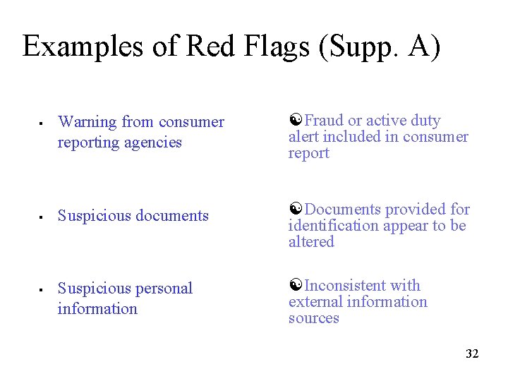 Examples of Red Flags (Supp. A) § § § Warning from consumer reporting agencies