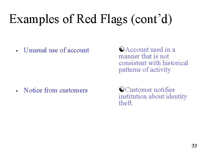 Examples of Red Flags (cont’d) § Unusual use of account [Account used in a