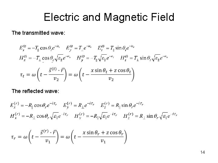 Electric and Magnetic Field The transmitted wave: The reflected wave: 14 