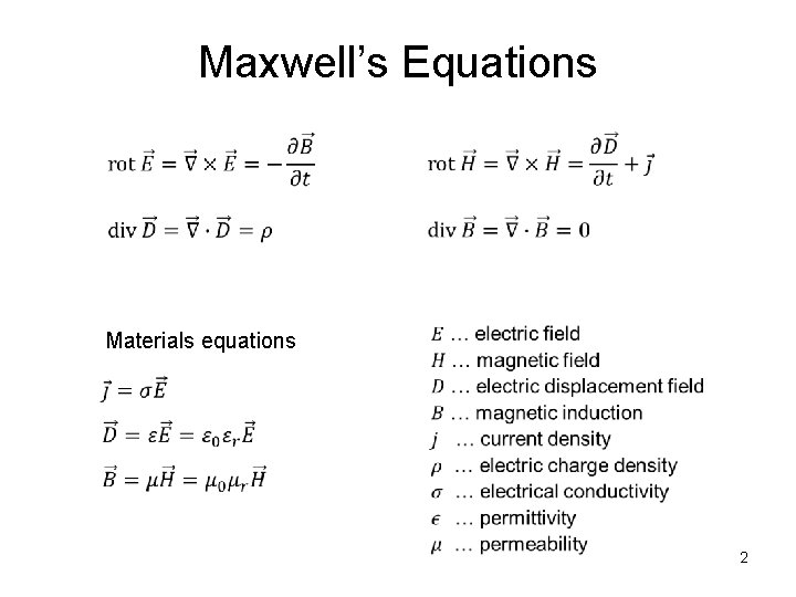 Maxwell’s Equations Materials equations 2 