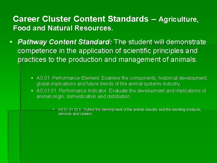 Career Cluster Content Standards – Agriculture, Food and Natural Resources. § Pathway Content Standard: