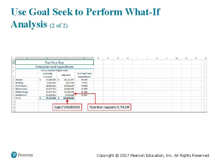 Use Goal Seek to Perform What-If Analysis (2 of 2) Copyright © 2017 Pearson