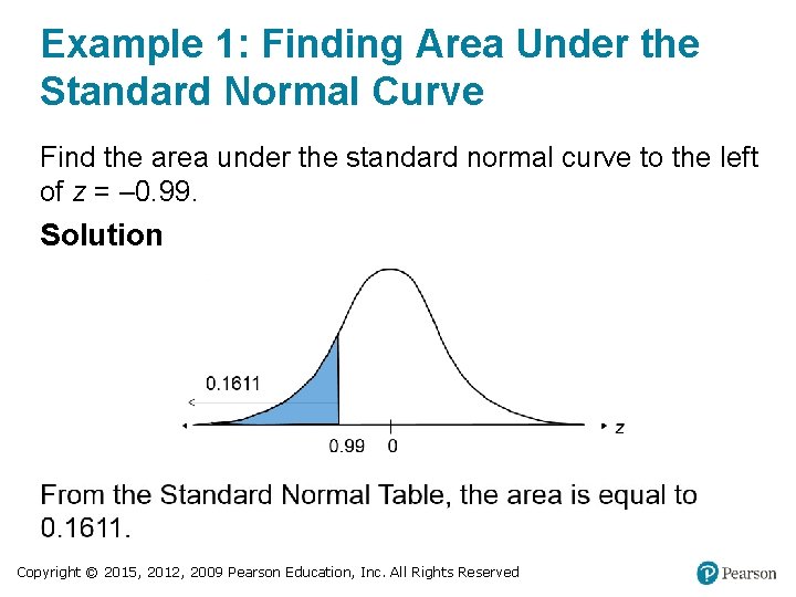 Example 1: Finding Area Under the Standard Normal Curve Find the area under the