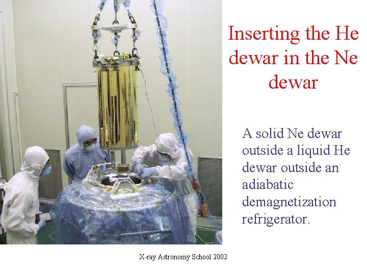 Inserting the He dewar in the Ne dewar A solid Ne dewar outside a