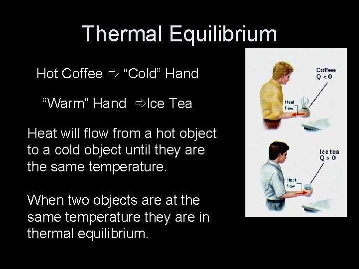 Thermal Equilibrium Hot Coffee “Cold” Hand “Warm” Hand Ice Tea Heat will flow from