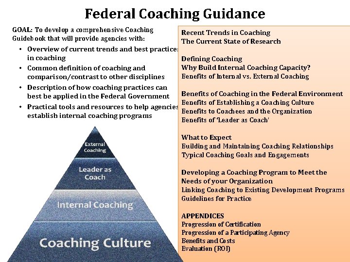 Federal Coaching Guidance GOAL: To develop a comprehensive Coaching Recent Trends in Coaching Guidebook