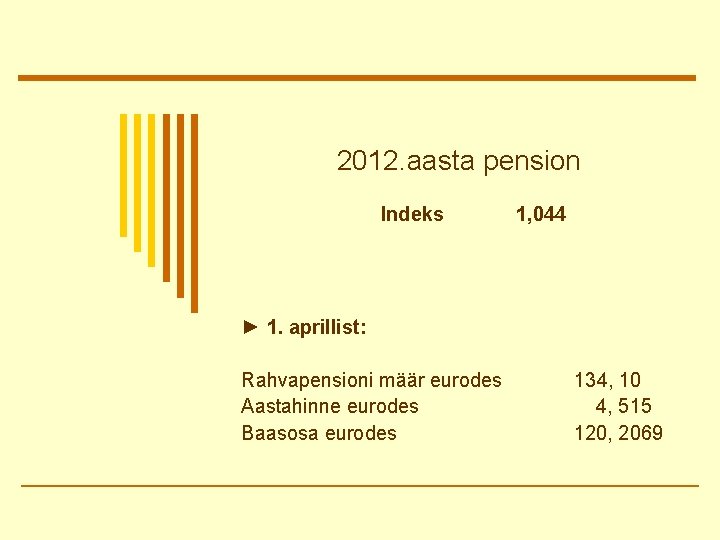 2012. aasta pension Indeks 1, 044 ► 1. aprillist: Rahvapensioni määr eurodes 134, 10