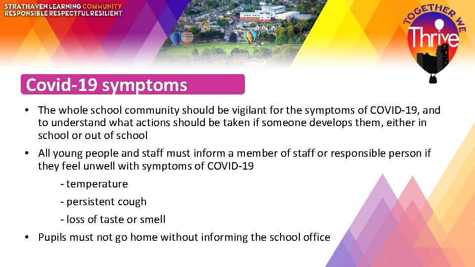 Covid-19 symptoms • The whole school community should be vigilant for the symptoms of