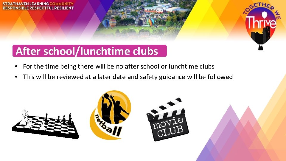 After school/lunchtime clubs • For the time being there will be no after school