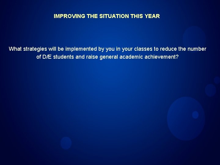 IMPROVING THE SITUATION THIS YEAR What strategies will be implemented by you in your