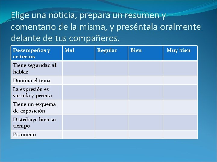 Elige una noticia, prepara un resumen y comentario de la misma, y preséntala oralmente