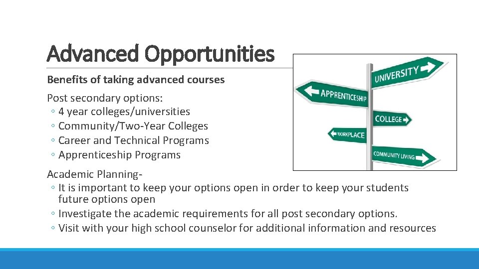 Advanced Opportunities Benefits of taking advanced courses Post secondary options: ◦ 4 year colleges/universities