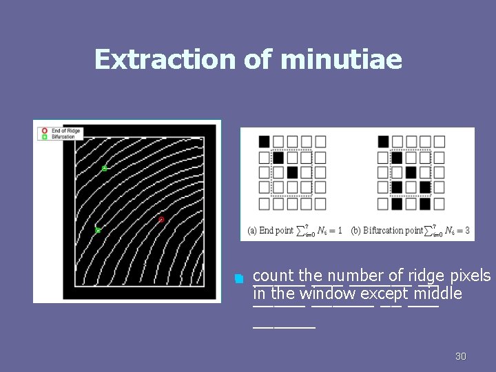 Extraction of minutiae n n count number of ridge _____the ______ __ pixels in